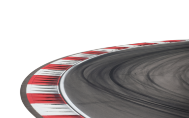 Dynamic race track curve with tire marks and red white curbs captures speed and competition