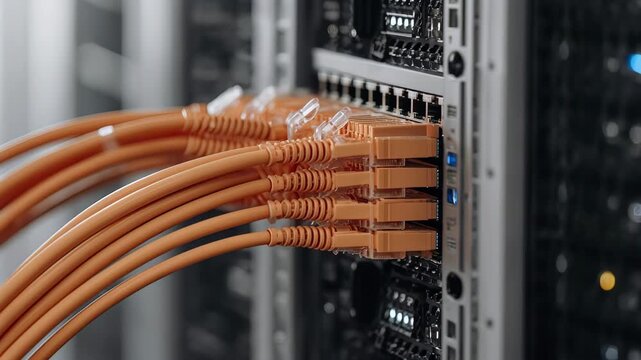 Server Room: Close-Up of Orange Ethernet Cables Connected to Data Center Equipment