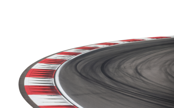 Dynamic race track curve with tire marks and red white curbs captures speed and competition