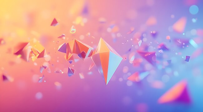 3D rendering of colorful geometric shapes flying in abstract motion.
