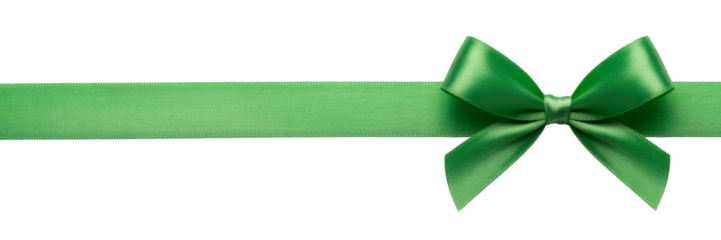Elegant green satin ribbon bow with flowing tails, perfect for festive decorations and gift wrapping accents