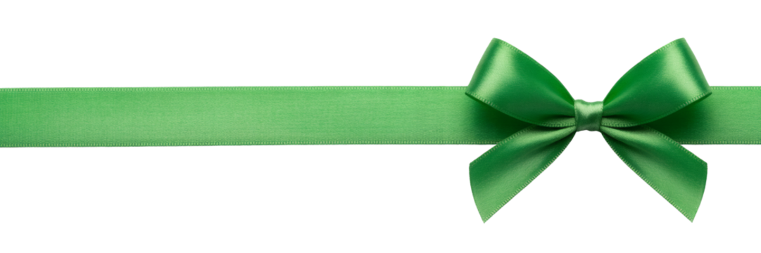 Elegant green satin ribbon bow with flowing tails, perfect for festive decorations and gift wrapping accents