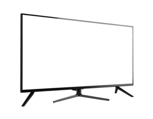Modern black TV/monitor with a blank white screen, angled view