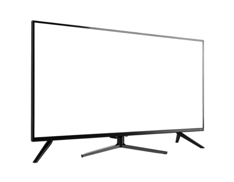 Modern black TV/monitor with a blank white screen, angled view