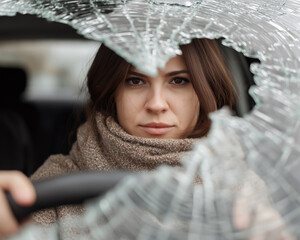 Young female driver looking through broken windshield after car crash