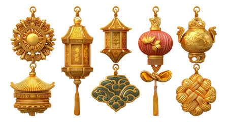 3D Render of Lunar Charm Collection Featuring Six Unique Decorative Objects