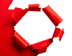 Red paper ripped, revealing black void with intricate curled edges