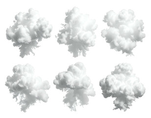 Six white fluffy cloud-like bursts on a dark background