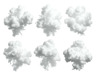 Six white fluffy cloud-like bursts on a dark background