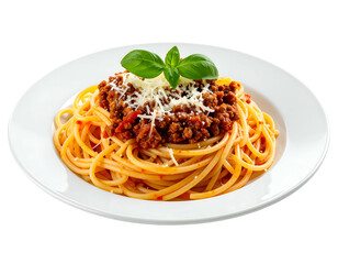 Spaghetti with bolognese sauce, cheese, and basil on a white plate