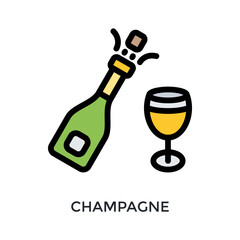 Champagne Icon Flat Outline Style. Vector Illustration For Graphic Design