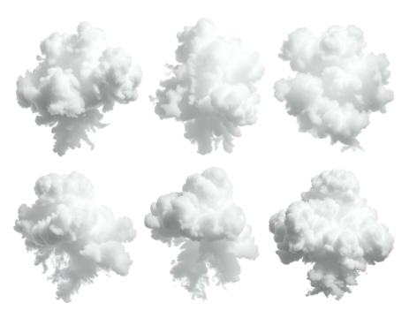 Six white fluffy cloud-like bursts on a dark background