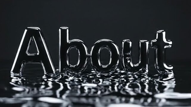 The word About made of liquid metal dissolving on a reflective surface.