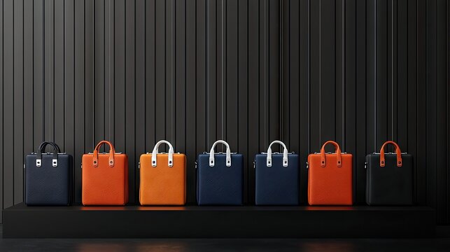 Seven leather briefcases of different colors are displayed on a black shelf against a dark, textured wall. The briefcases have handles and metal accents. The li
