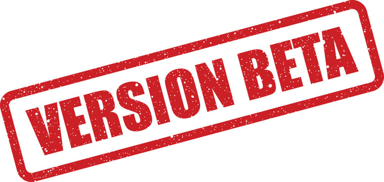 This digital vector showcases a rectangular red distressed rubber stamp with the bold text VERSION BETA, indicating a software testing phase