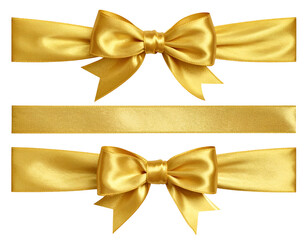 Two golden satin bows and a single golden satin ribbon on black