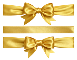Two golden satin bows and a single golden satin ribbon on black