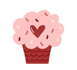 Hand drawn Valentine’s cupcake with pink frosting, heart detail and sprinkles in a cute minimal style. Perfect for holiday stickers, cards, posters and sweet romantic designs.