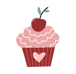 Hand drawn cupcake with pink frosting, cherry topping and a heart detail in a cute minimal style. Perfect for Valentine’s Day designs, stickers, cards and sweet romantic illustrations.