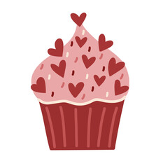 Hand drawn Valentine’s cupcake with pink frosting, heart sprinkles and a cute minimal style. Perfect for holiday stickers, cards, posters and sweet romantic designs.