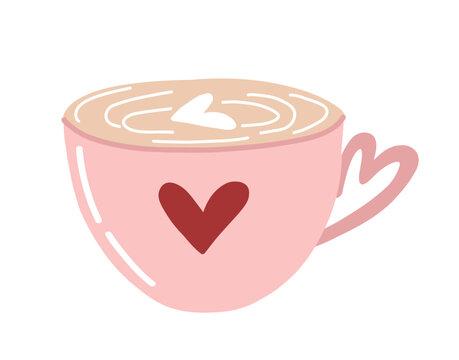 Hand drawn coffee cup with heart latte art in a cute minimal style. Perfect for Valentine&rsquo;s Day stickers, cards, posters and cozy romantic designs.
