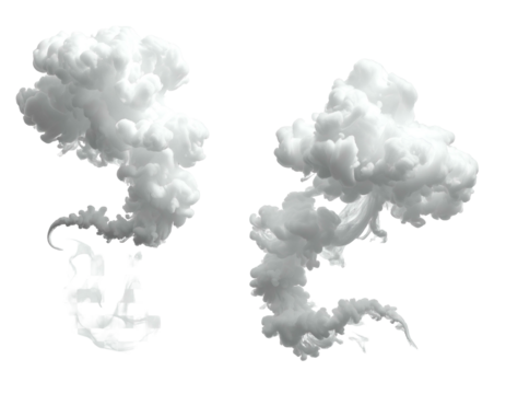 Two white, billowy smoke plumes rising on a black background