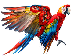 Vibrant colorful macaw parrot with outstretched wings in flight