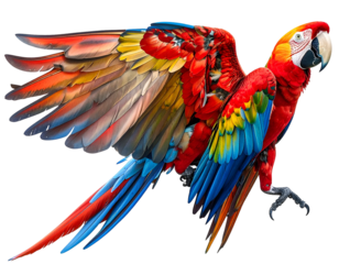 Vibrant colorful macaw parrot with outstretched wings in flight