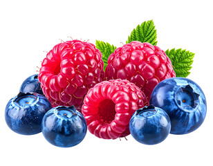 Vibrant pile of fresh raspberries and blueberries with green leaves