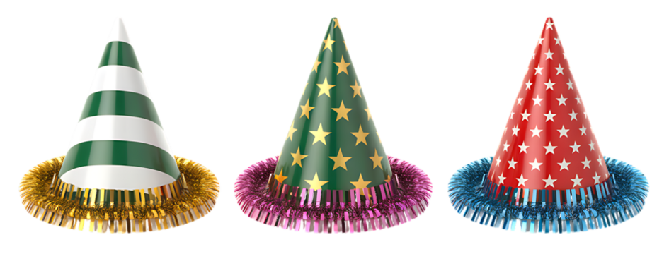 Festive Cone Party Hats Set with Metallic Fringe Base for Birthday and New Year Celebration – Isolated Transparent PNG Background