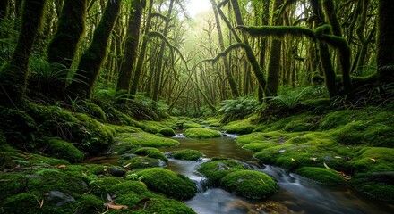 Fototapeta premium Lush Green Forest with Mossy Rocks and Flowing Stream.