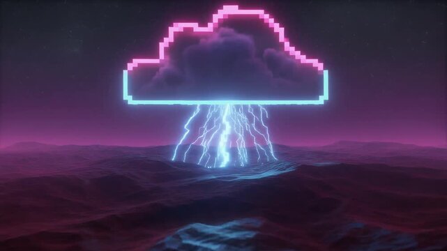 Digital cloud with pixelated outline above stormy ocean with lightning against starry backdrop