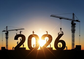 Teamwork Building Future Goals Construction Silhouette Against Sunset Horizon for a New Era