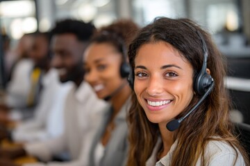 Engaged Customer Service Representative in a Call Center Highlighting Communication Skills and Professionalism in a Team Environment