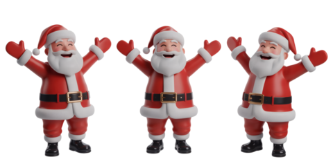 Joyful Santa Claus figures celebrate holiday spirit with open arms, spreading Christmas cheer for festive promotions