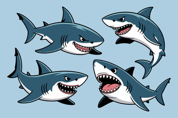 Fierce Shark Characters in Dynamic Poses with Sharp Teeth and Aggressive Expressions