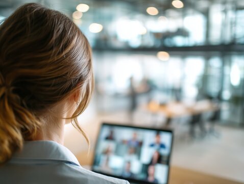Professional Young Woman Engaged in a Virtual Meeting While Working Remotely in a Modern Office Environment - Powered by Adobe