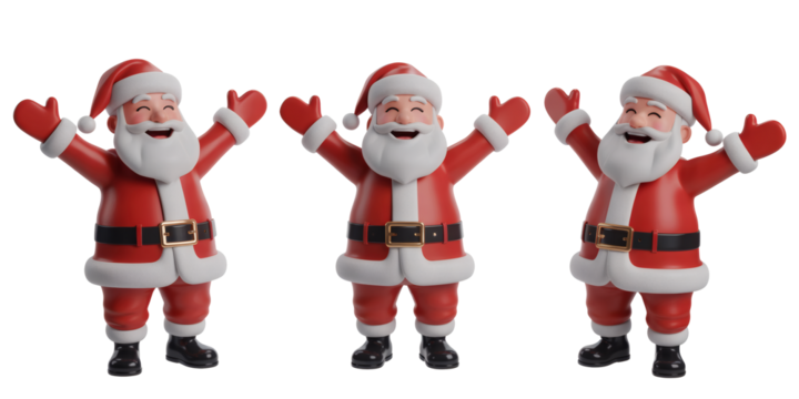 Joyful Santa Claus figures celebrate holiday spirit with open arms, spreading Christmas cheer for festive promotions