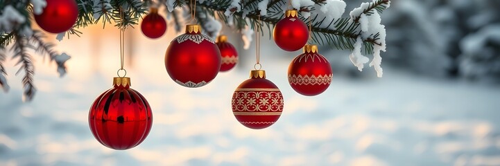 Red Christmas balls with different patterns hanging on a branch outdoors. Christmas concept. Banner.