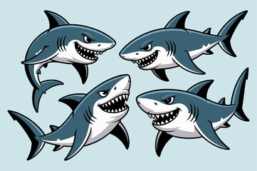 Aggressive Shark Illustrations in Bold Colors for Creative Projects