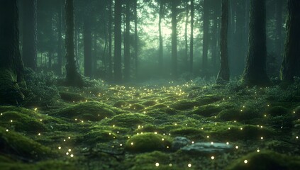 Obraz premium Soft mossy forest ground illuminated by tiny warm fairy lights.