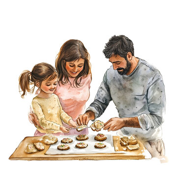 Watercolor style a family of threeparents with various skin tones and hair colorsgathering around a table to decorate cookies with beige and taupe ici