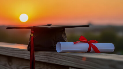A graduation cap and diploma tied with a red ribbon represent dedication, perseverance, and educational success