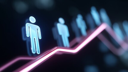 An abstract representation of growing populations depicted through glowing figures along an upward trend line in a digital environment.