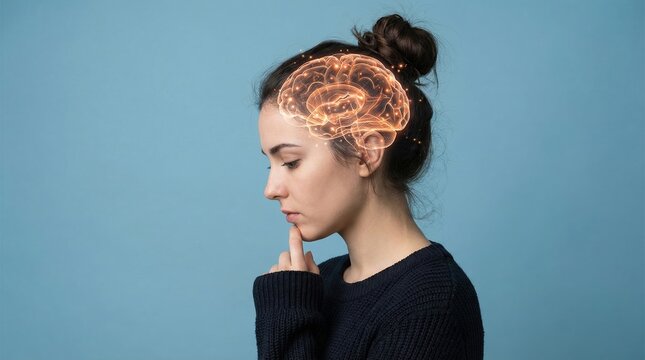  pensive young woman with a glowing orange digital brain overlay representing artificial intelligence, biohacking and mental power on a blue background