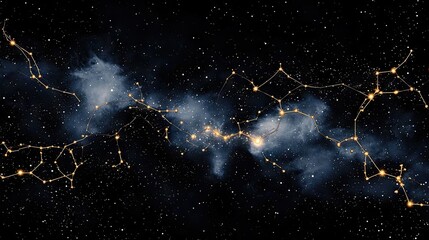 A digital illustration of constellations connected by lines, set against a dark, starry night sky with nebulas.