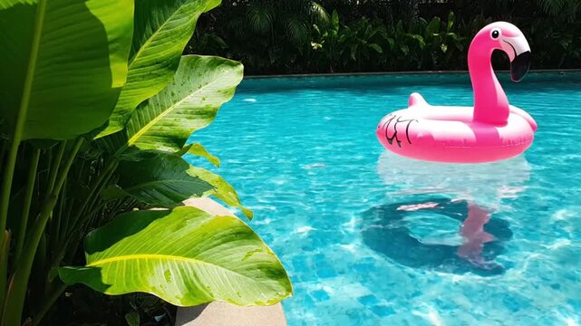 Bright pink flamingo pool float, serene blue water, lush green plants
