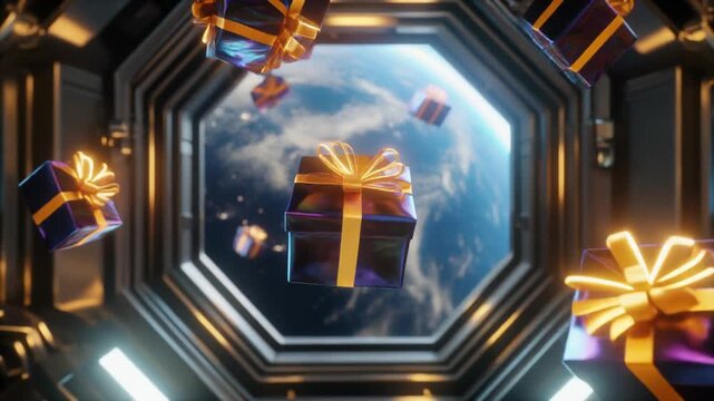 Gifts floating in zero gravity in space with Earth showing through a peep hole. Ai