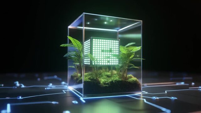 Cubical transparent container holds plants, a glowing grid, on a circuit board surface