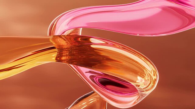 Glossy abstract form in amber, rose and gold swirls like molten glass over a blurred terracotta background, glowing softly with warm lighting. Concept of fluid elegance and artistic design